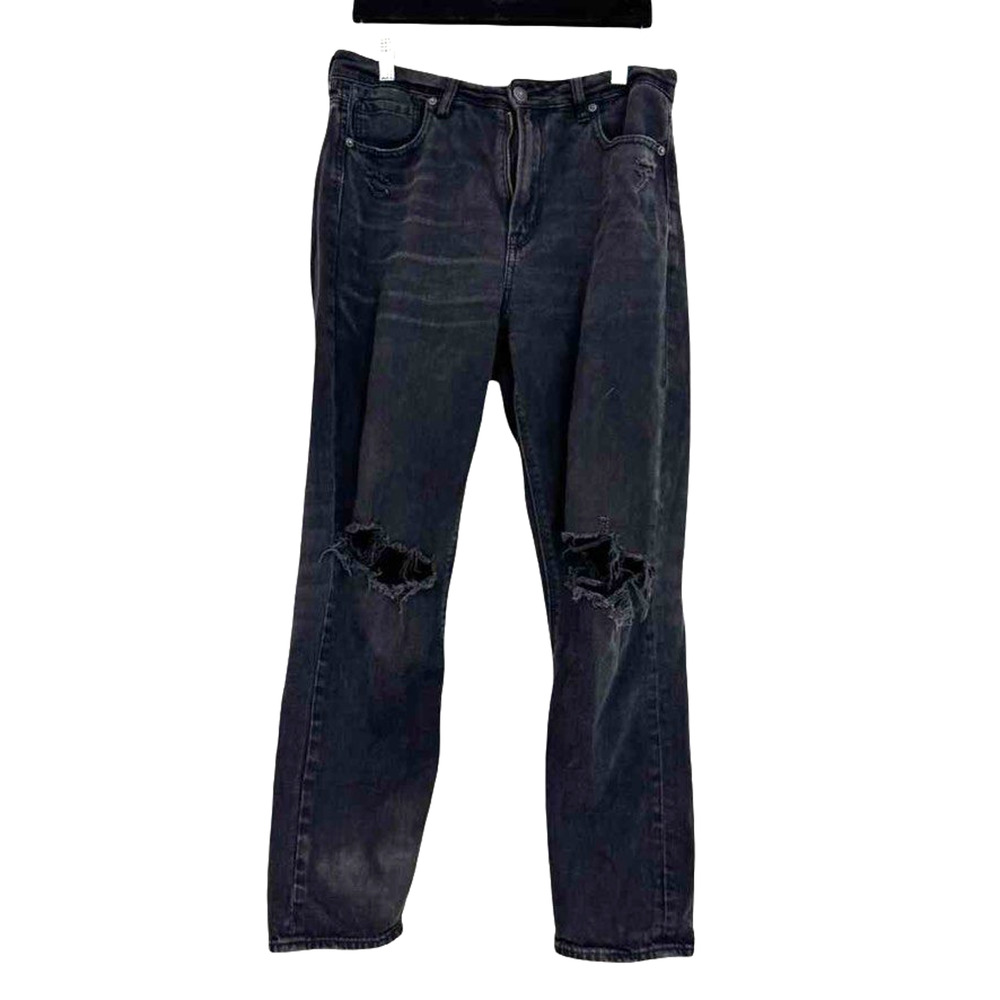 American Eagle Mom Jeans Black Wash Distressed High Waist Relaxed Womens sz 8